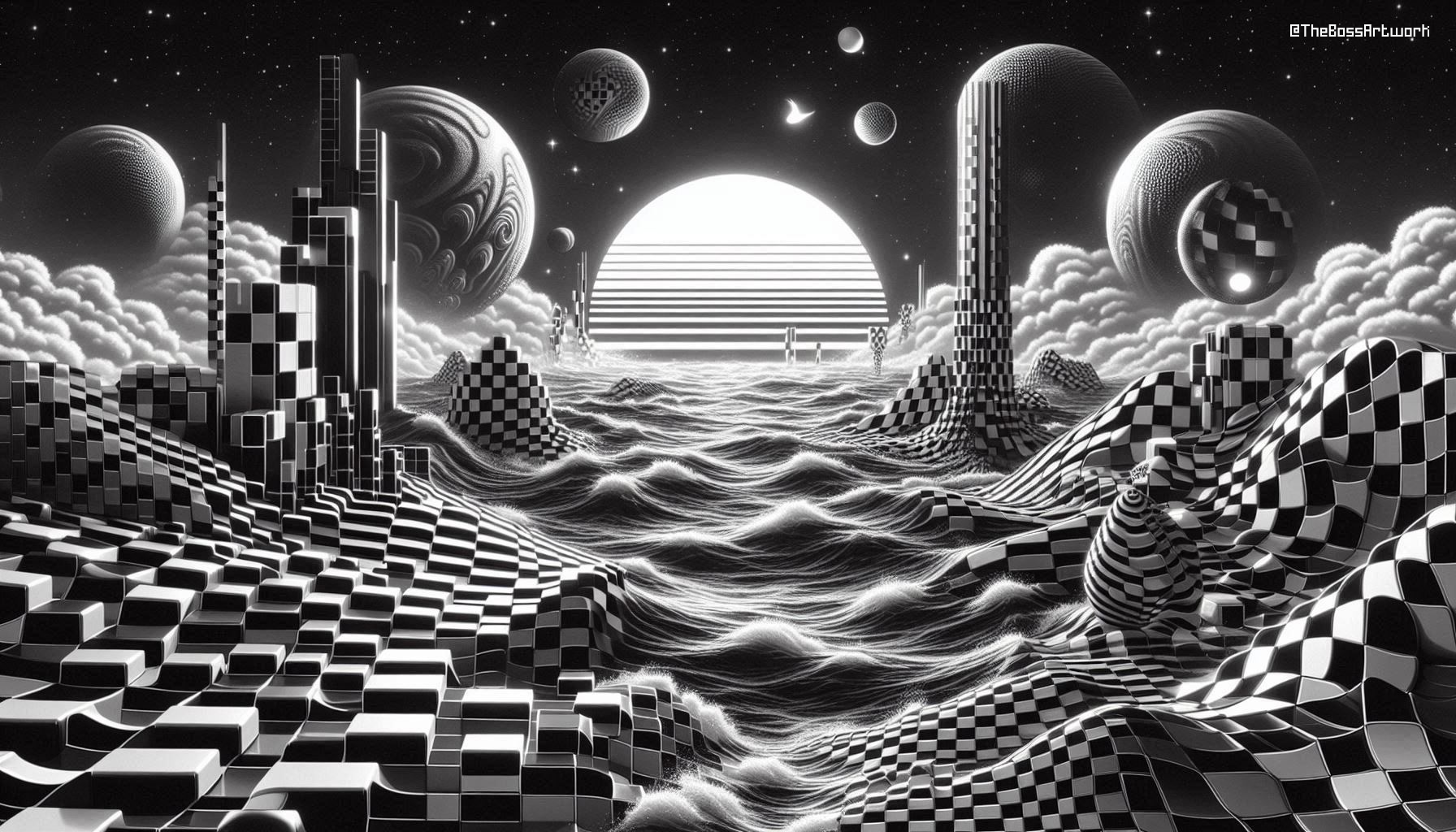 Surreal black and white landscape with checkered hills, a striped sun, and planets or moons in the starry sky.