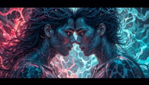 Two identical figures face each other, surrounded by swirling blue and red energy patterns, with intricate designs on their bodies.