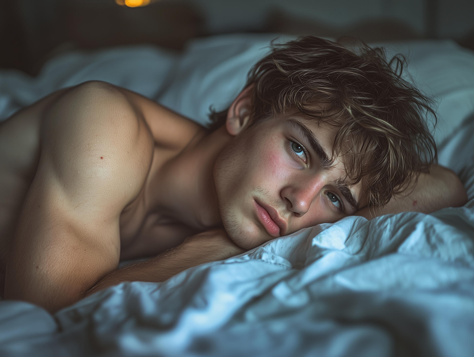 A person with tousled hair lies on a bed, resting their head on their arms, looking directly at the camera.