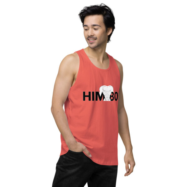 A person is wearing the Himbo Tank, a red tank top with "HIMBO" printed on it and featuring a drawing of an owl.