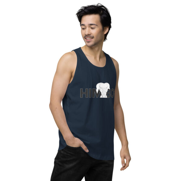 Person wearing the Himbo Tank, a navy top featuring "HIMBO" and an elephant graphic, looking to the side.