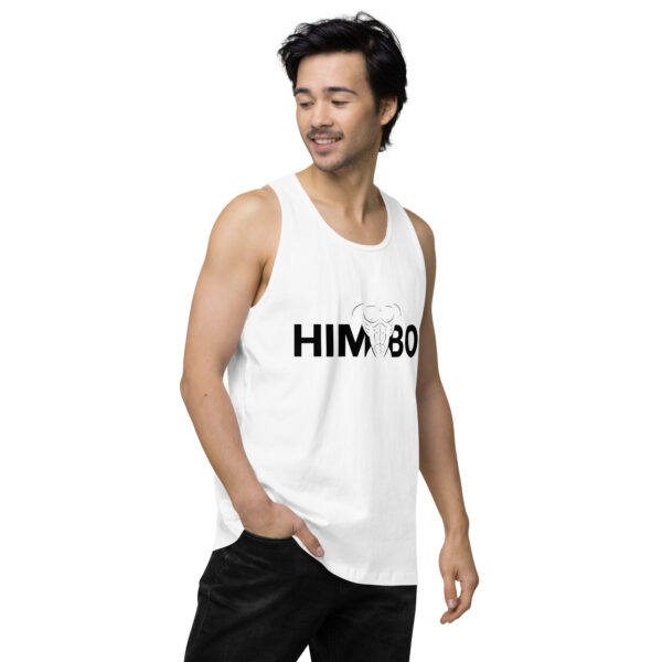 Man wearing the Himbo Tank, a white tank top with "HIMBO" and an elephant graphic.