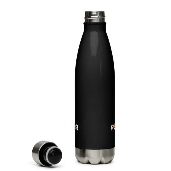 A "Peace Was Never An Option" stainless steel water bottle in black, featuring a screw-on cap placed beside it.