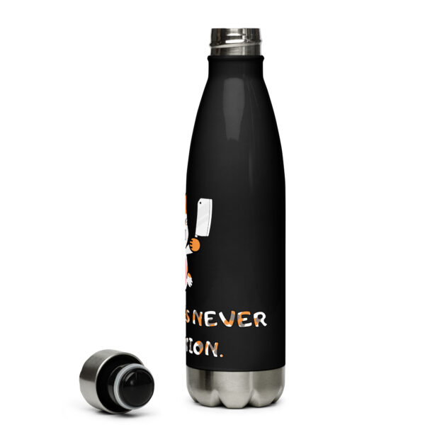 The "Peace Was Never An Option" stainless steel water bottle is black, with a partially open metal lid and features white text alongside a cartoon character holding a cleaver.