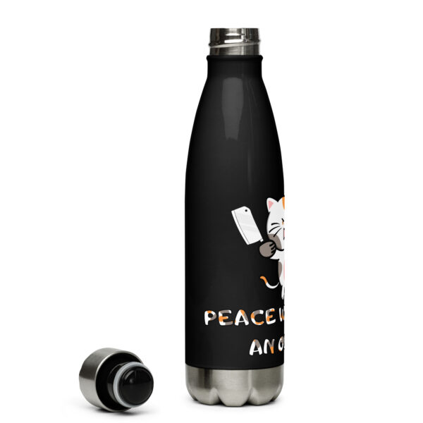 A "Peace Was Never An Option" stainless steel water bottle featuring a colorful cat illustration holding a cleaver, with its black cap detached and set beside it.