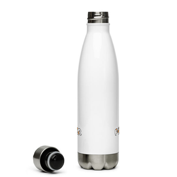 A "Peace Was Never An Option" stainless steel water bottle, featuring a white design and a black lid set off to the side.