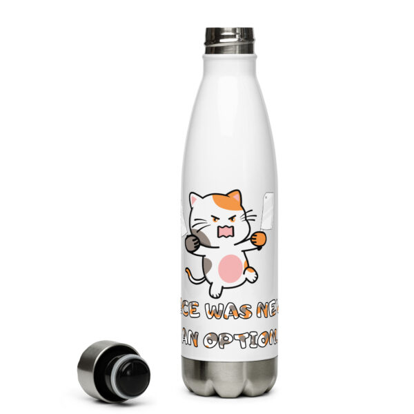 A stainless steel water bottle in white, featuring a cartoon cat holding knives and looking angry. The text reads, "Silence Was Never An Option." The cap is placed beside the bottle.