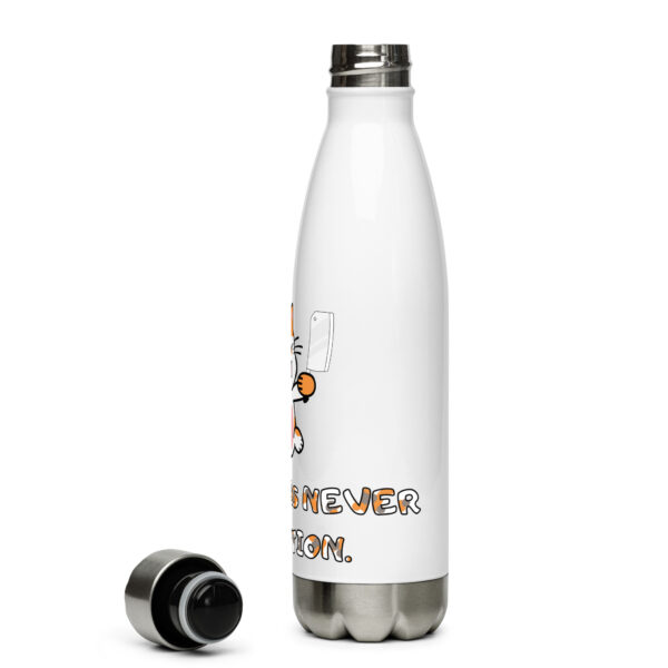 A "Peace Was Never An Option" stainless steel water bottle in white, featuring a partially visible cartoon design and text, with its cap placed beside it.