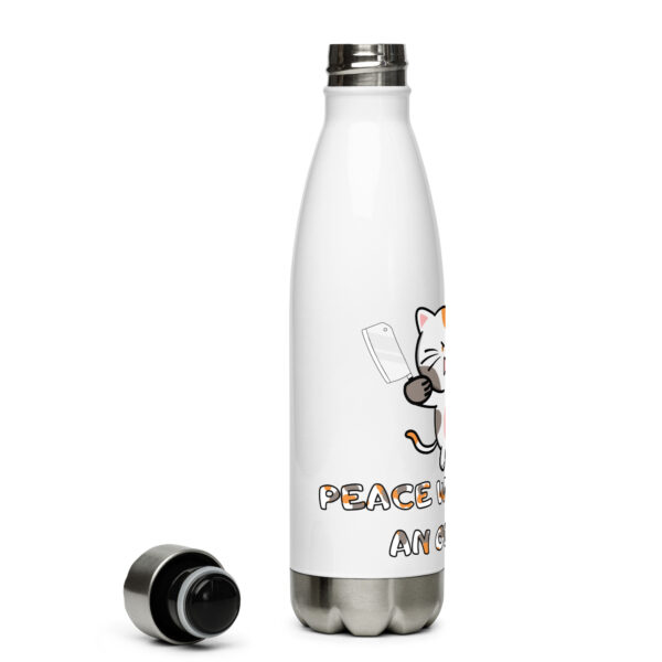 A "Peace Was Never An Option" stainless steel water bottle, featuring a cartoon cat holding a cleaver on a white insulated design, with the phrase printed below. The bottle cap is placed next to it.