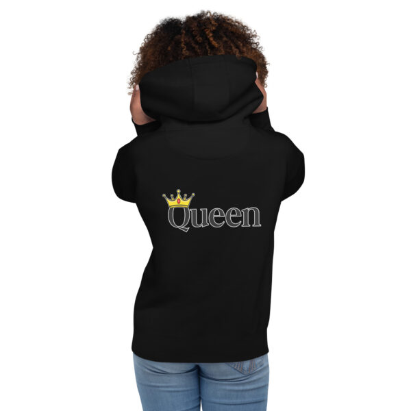 Person wearing a Queen Hoodie featuring the word "Queen" and a crown design on the back.