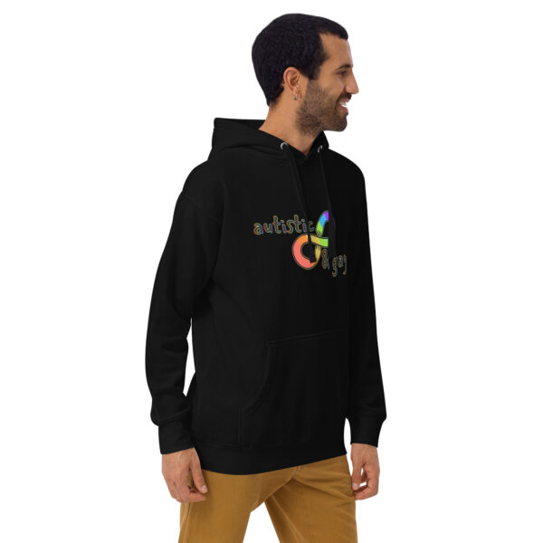 Man wearing an "Autistic and Gay" hoodie adorned with colorful text alongside a rainbow infinity symbol.