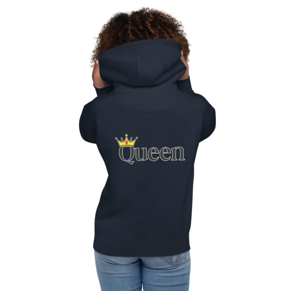 Individual dressed in a Queen Hoodie, which features the word "Queen" and a crown graphic on the back.