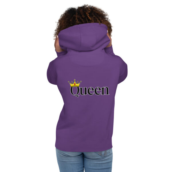 An individual wearing a Queen Hoodie, featuring "Queen" and a crown graphic on the back.