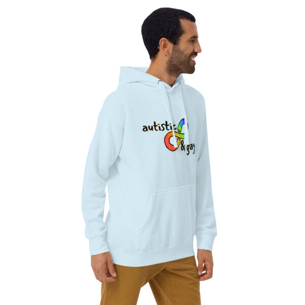 A man wearing the Autistic and Gay hoodie, light blue with "autistic & gay" text and a rainbow infinity symbol on the front.