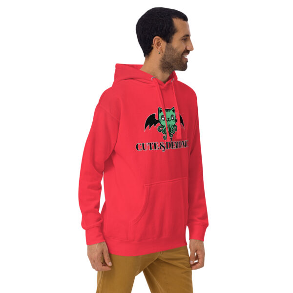 Individual wearing a red hoodie named the "Cute and Demonic Hoodie," adorned with a cartoon character design.