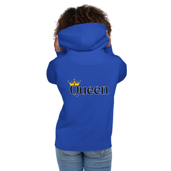 A person wearing the Queen Hoodie, which features "Queen" and a crown graphic on the back.