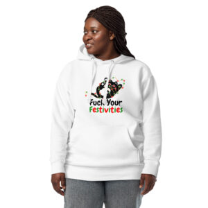 A person wearing the "Fuck Your Festivities" hoodie, featuring a colorful and festive design with a playful message.