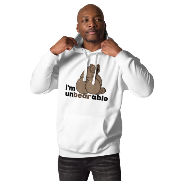 A person wearing the *i'm unbearable hoodie* featuring a cartoon bear and the text "i'm unbearable.