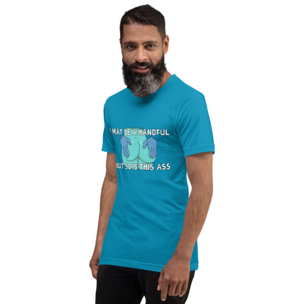 Man with a beard wearing the "A Handful" blue T-shirt featuring text and a graphic of hands.