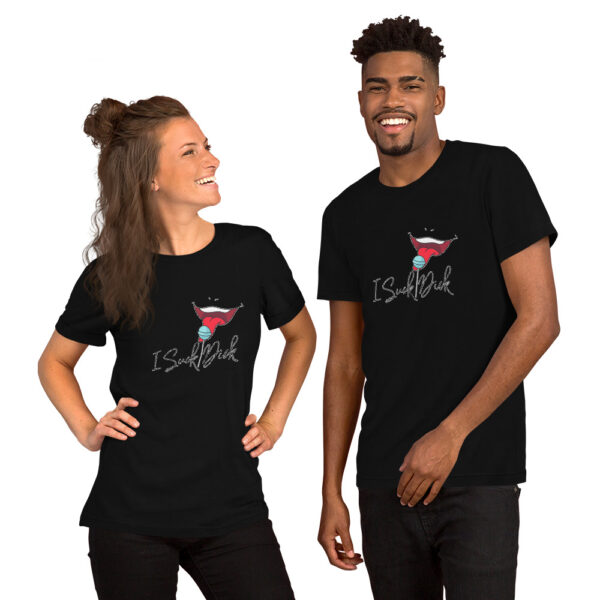 Two people wearing black t-shirts featuring a red and white graphic design along with the text "I Suck Dick" smile while standing side by side.