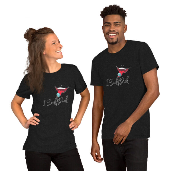 Two people wearing black T-shirts with an identical design that includes a red and white graphic and the text "I Suck Dick." Both are smiling while standing against a white background.