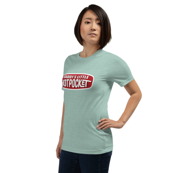 A person in a mint green T-shirt featuring the "Daddy's Little Hotpocket" design in red and white text, posing with one hand on their hip.