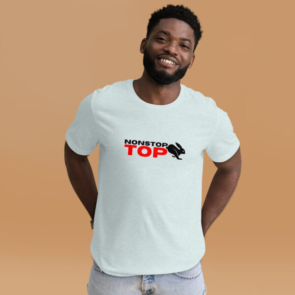 A man smiles while wearing the light blue "Nonstop Top" T-shirt featuring a headphones graphic.