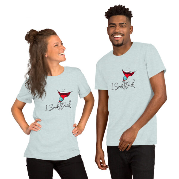 Two people standing and smiling, wearing light gray T-shirts with a graphic of a red bird and text that reads "I Suck Dick.