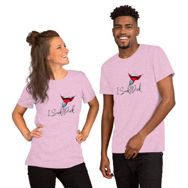 Two people wearing matching pink t-shirts featuring the superhero logo and the "I Suck Dick" text, standing and smiling.