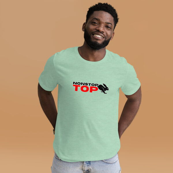 A man wears a Nonstop Top T-shirt in light green featuring a rabbit graphic.