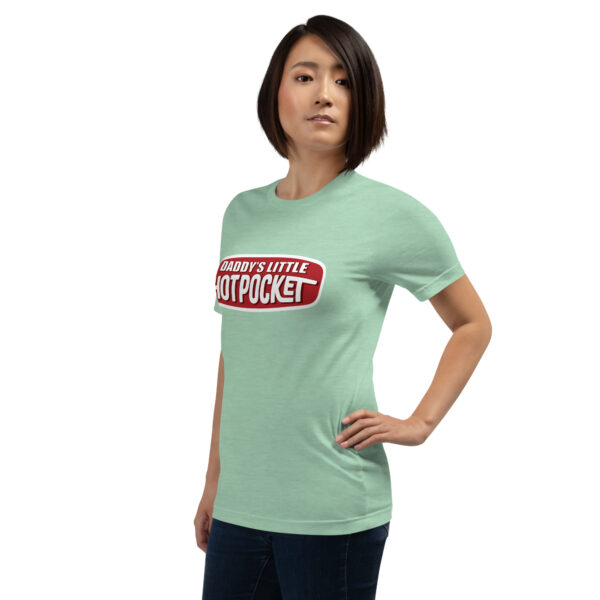 Person wearing a light green T-shirt with "Daddy's Little Hotpocket" printed on it.