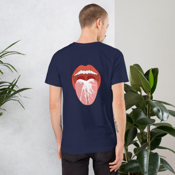 A person wearing a dark blue "Thirsty" T-shirt featuring a graphic of an open mouth and a bird on the back.