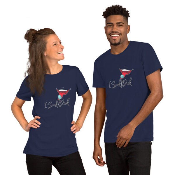 Two people wearing matching navy blue t-shirts with a graphic of a red bird and text that reads "I Suck Dick." Both are smiling and standing against a plain background.