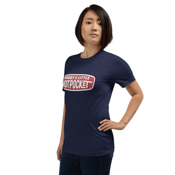 Person wearing a navy blue T-shirt with the "Daddy's Little Hotpocket" design printed in a red and white logo-like style.