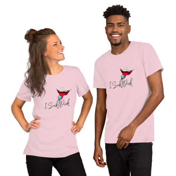 Two people smiling, each wearing a light pink t-shirt with the text "I Suck Dick" and a graphic of a bird.