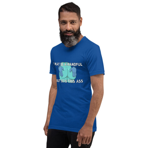 A man wearing the "A Handful" graphic blue T-shirt.