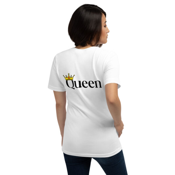 A person wearing the white "Queen" T-shirt featuring a crown design on the back.