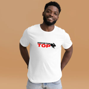 A person wearing a Nonstop Top white t-shirt featuring "NONSTOP TOP" text and a bunny silhouette stands against a plain brown background.