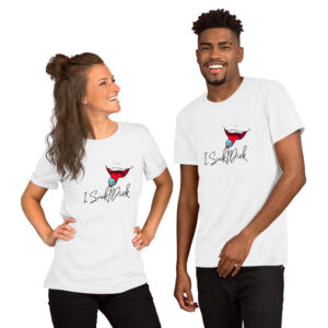 Two people are smiling and wearing white T-shirts with a red and black graphic along with the text "I Suck Dick.