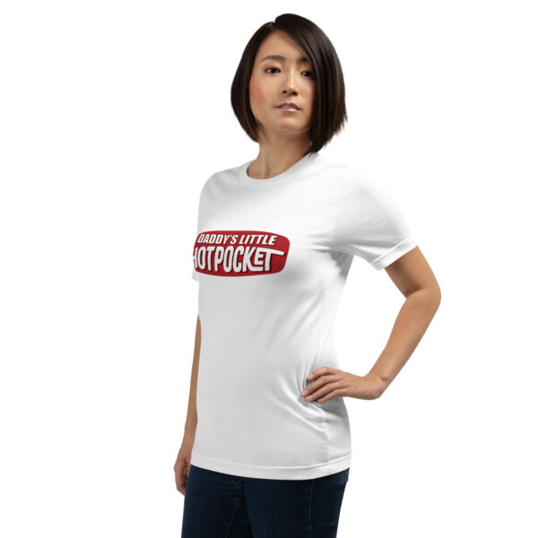 A person wearing a white T-shirt featuring the product name "Daddy's Little Hotpocket" in bold red letters, stands with one hand on their hip.