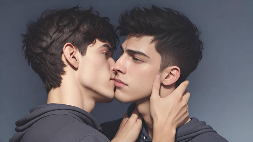 Two people with dark hair are close together, touching noses, with one person's hand gently holding the other's face. Both are wearing dark clothing.